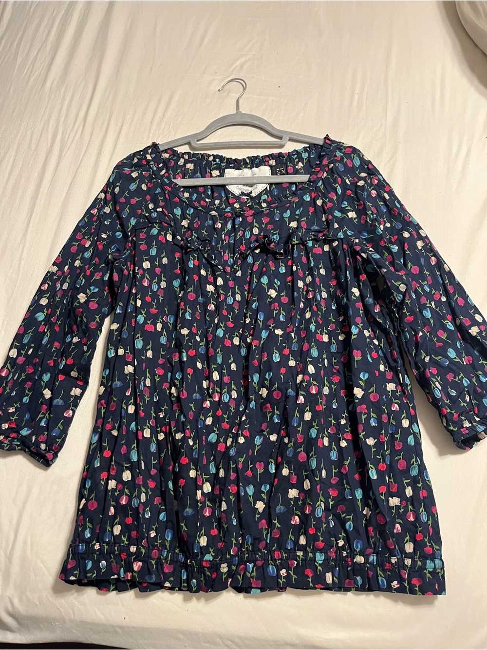 Mango Navy Floral Peasant Tunic with Pink & Teal Accents